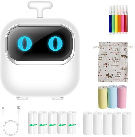Lvcdodvd Mini Thermal Photo Printer - Portable Wireless Bluetooth for Home Use, Sticker Printing, Robot Shape, Cute Design - 13 Rolls Included for Photos, Notes, DIY Painting - iOS Android Compatible