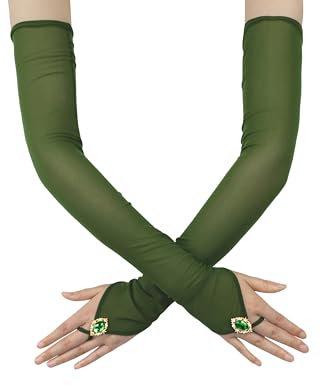 Goiruiya Opera Lange fingerlose Handschuhe für Braut, Hochzeit, Party, Kostüm, dehnbarer Handschuh, Netz- und Bohrhandschuhe, Dunkelgrün, Einheitsgröße