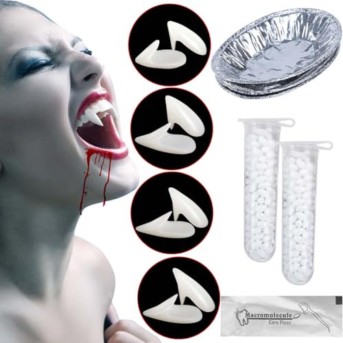 Denti da vampiro, 4 misure, realistici, per adulti, con colla super forte, stile horror, adatti per Halloween, feste cosplay, feste in maschera e come regalo