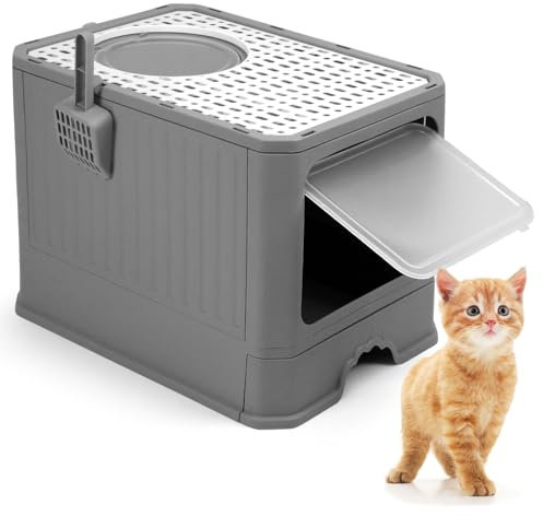 QWORK® arenero Gatos Cubierto, arenero Grande para Gatos con Pala, para Gatos de hasta 12 kg, Gris