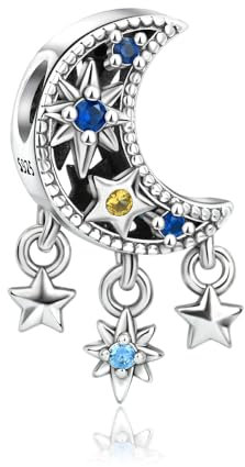BEEUVIP Damen der Mond und die Sterne Charm Anhänger für Armband 925 Sterling Silber Geburtsstein Charms Beads