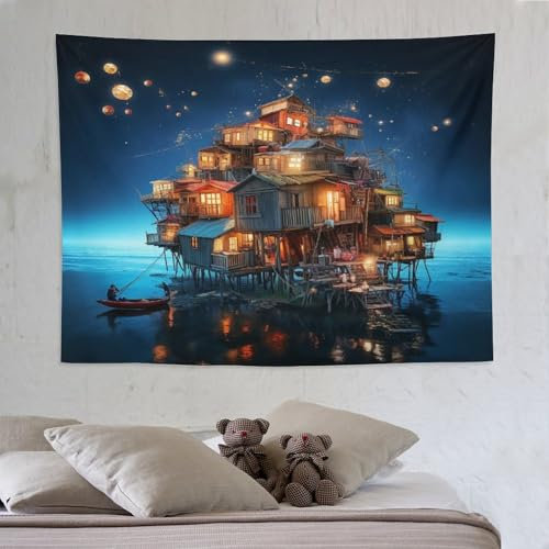 PAZZK Holzhaus Wandteppich, Tapisserie Wandbehang Für Wohnzimmer Schlafzimmer Wohnheim Wanddeko 150×200cm