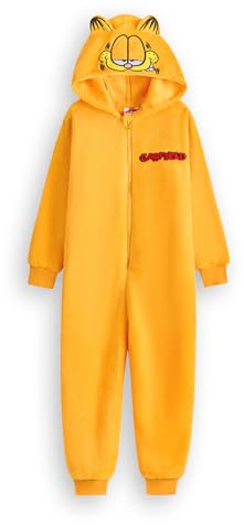 Garfield Erwachsene Onesie | Einteiliger Schlafanzug in Orange für Männer & Frauen | Nachtwäsche Reißverschluss Overall mit Kapuze und 3D Schwanz | Cartoon-Katzen Einteiler Loungewear
