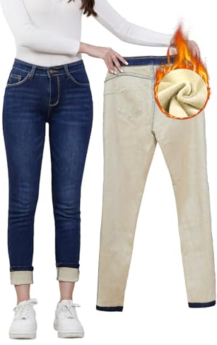 Merlvida Jeans Térmicos Mujer Cintura Alta Push Up, Pantalones Vaqueros Forrados de Invierno, Jeans Ajustados con Forro Polar Interior, Leggins de Mezclilla Elásticos y Cálidos
