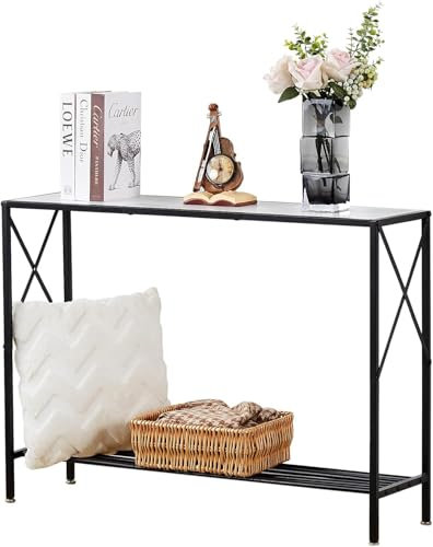 Wimarsbon Konsolentisch, multifunktionaler Sofa-Beistelltisch mit Regalen, hinter der Couch, TV-Tische mit Metallrahmen, Akzentständer für Flur, Eingang (106,4 cm, 2-lagiger weißer Kunstmarmor +