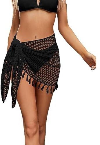 HKYFNNBW Damen-Strandtuch, gehäkelt, Strandtuch, Fischnetz-Rock, Bademode, Badeanzug, Rock, Schwarz , Einheitsgröße