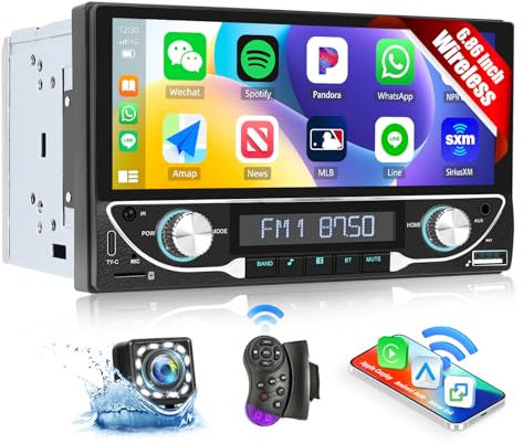 CAMECHO Doppel Din Radio mit Wireless Carplay Android Auto, 6.86 Zoll Touchscreen 2Din Autoradio Bluetooth 5.0 mit FM Mirror Link Lenkradsteuerung +Rückfahrkamera, USB/AUX/TF SWC