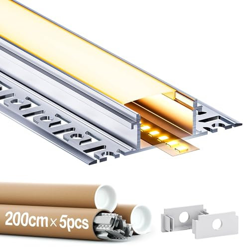 GEEKLUX LED Fliesenprofil 2m 5 Stück und Led strip Profil Unterputz, led Schiene aus Eloxiertem Aluminium, led Kanal für Streifen bis 20mm, Diffusor für Gleichmäßige Lichtverteilung