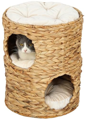 PawHut Kratztonne, 50 cm hoch Katzentonne mit 2 Höhle, Kratzbaum mit Kissen, Katzenturm aus Wasserhyazinthe, für Katze bis 3,5 kg, Hellbraun