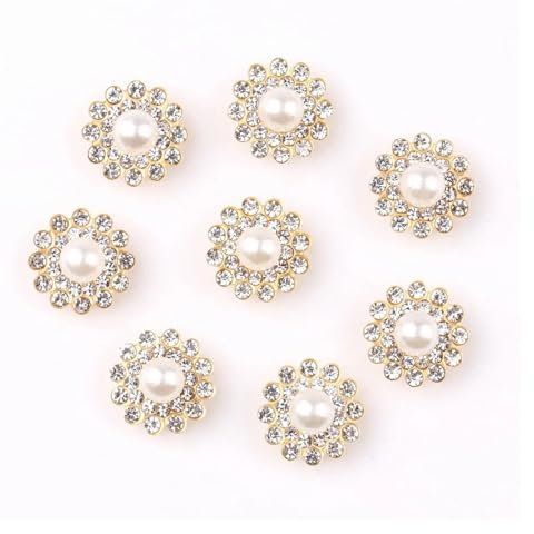 WENH 50 Stück/Packung 14 mm Blumenform, glänzende Kristall-Strasssteine ​​mit goldener Basis, for Selbermachen, flache Rückseite, for Aufkleben auf schillernde Perlen for Aufnähen, Strass(Pearl White)
