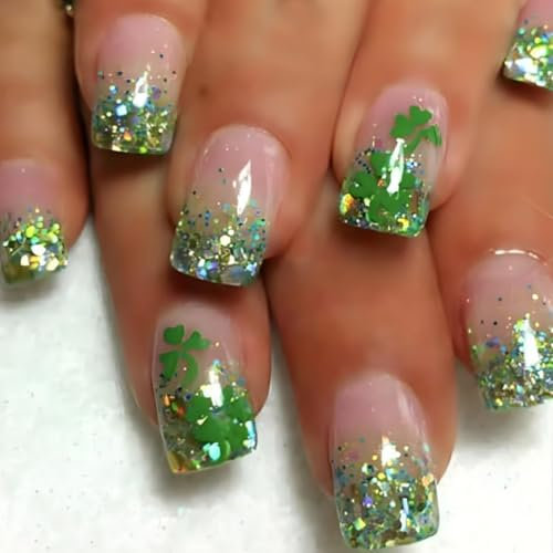 St. Patrick's Day False Nails Short Medium, SXVME Glitter Green French Press On Nails Square with Clover Sequins Desgin Natural Nude Acrylic Fake Nails Press ons Green Stick on Nails For Women 24 Pcs