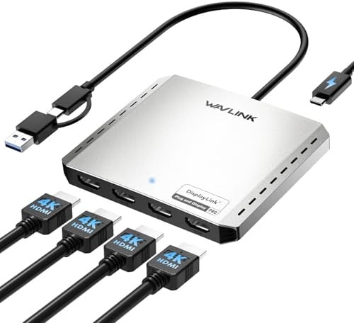 WAVLINK USB 3.0 USB C to Quad HDMI Splitter Extended Display for Four Monitor with 85W PD, Displaylink Adapter 4 HDMI 4K@60Hz for Mac M1/M2/M3/M4 & Windows 10/11, Compatible with New MacBook Neo