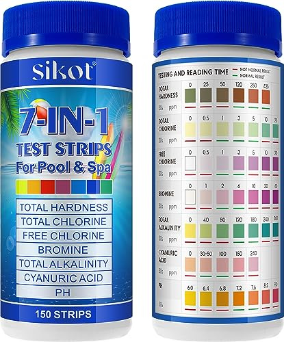 150 Pièces 7 en 1 Testeur pour Eau de Piscine et Spa,Bandelettes de Test pour Piscine Chlore Libre,Le Chlore Total,Le Brome, la dureté Totale,l’alcalinité Totale,l’Acide cyanurique et Le pH