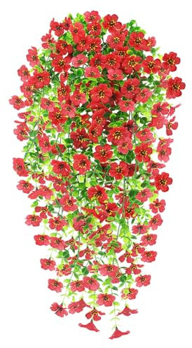 Epaing Kunstblumen Hängend, 2 Stück Künstliche Blumen für Draußen, Hängepflanze Künstlich, Hängende Kunstpflanzen, Künstliche Hängepflanzen für Haus Balcony Hof Hochzeit im Freien Indoor-Dekor(Rot)