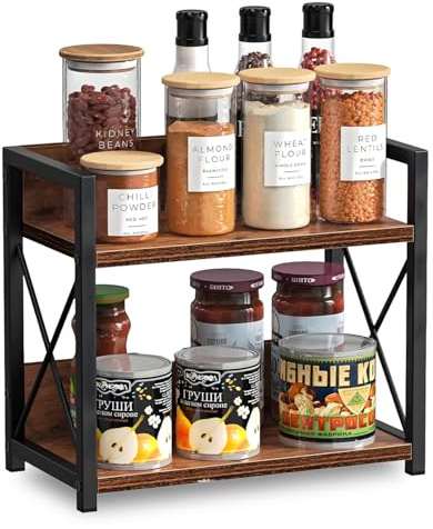 Spice Rack - Coffee Station Organiser - 2 Tier Kitchen Counter Shelf | Organiser - Wooden Desk Storage Rack, Shelf for Kitchens, Dining Rooms, Offices - Brown & Black