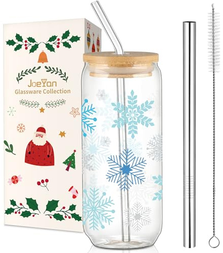 Joeyan 600ml Vasos Navidad de Cristal con Tapa y Pajita, Vasos de Vidrio con Motivos Copos de Nieve, Tazas de Café Caliente,Botella de Viaje,Elegante Regalo Para Mujeres Madres Hermanas Amigos Colegas