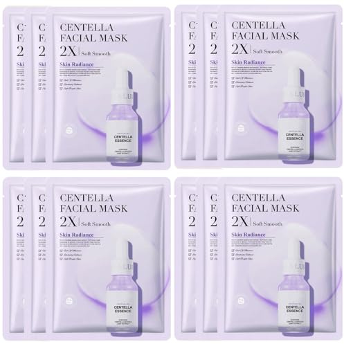 Jorun 12 Stück Centella Asiatica Gesichtsmaske Frauen Set-Tuchmasken | Koreanische Gesicht Feuchtigkeitsspendend,Anti-Aging,Aufhellend Face Mask Skincare - für Alle Hauttypen Vegan Tuchmaske