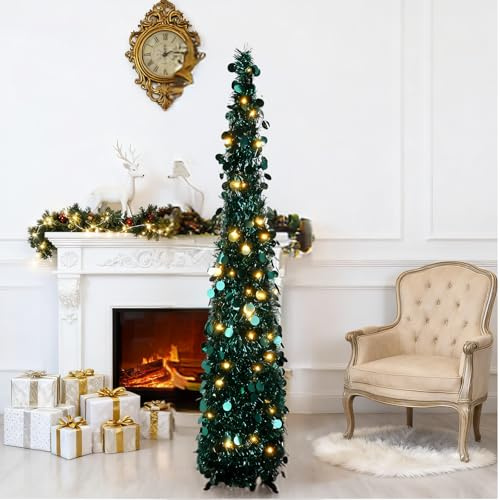 Árbol de Navidad Pop up retráctil de 150 cm con Lentejuelas Azul-Verde, árbol Plegable con Luces LED, decoración Moderna para Apartamentos pequeños, Esquinas y Fiestas