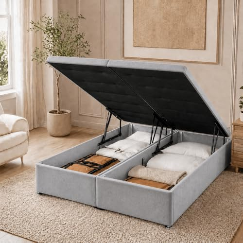 HB-1 Ottoman Storage Bed - Luxury Divan Double Bed Frame - Soft Plush Velvet Gas Lift Up Divan Bed Base, Ottoman Frame with Solid Base and End Lift Bed (Silver Plush, Double 4FT6)