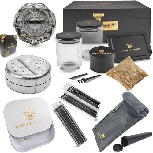PURPLE LEGACY® Abschließbare Box aus Kiefernholz mit Zahlenschloss | Multifunktionale Aufbewahrungsbox Glasbehälter und Zubehör | Geschenk Set (Giga Set)