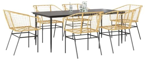 Tonture 7-teiliges Garten-Esszimmerset, braunes Polyrattan, Glastisch, pulverbeschichteter Stahl, UV-beständig, für Terrasse, Balkon, Außenbereich