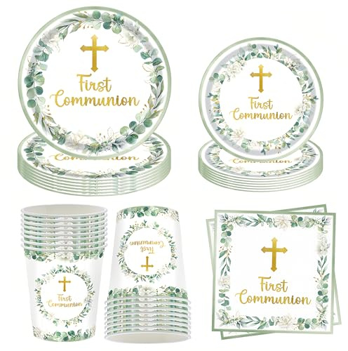80Pcs First Communion Decorations First Communion Plates and Napkins Primera Comunion Decoracion Party Supplies for First Holy Communion christening Baptism Party Decorations (Eucalyptus)