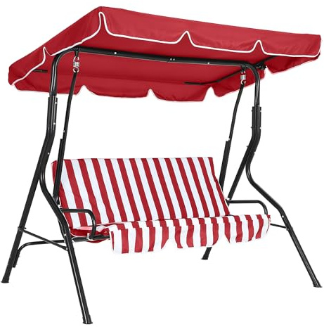 Garvee 3-Sitzer Garten Hollywoodschaukel – Verstellbares Sonnendach, wetterfest & UV-beständig, robuste Stahlkonstruktion, Dicke abnehmbare Kissen, rutschfeste Füße, Outdoor Schaukelstuhl – Rot-Weiß