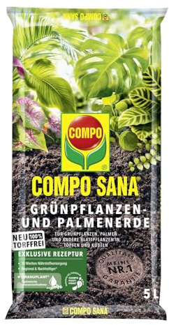 Compo SANA® Grünpflanzen- und Palmenerde torffrei, 5 L – Spezialerde mit Start-Düngung und Atmungsflocken für Zimmer-, Balkon- und Terrassenpflanzen – hochwertige torffreie Grünpflanzenerde