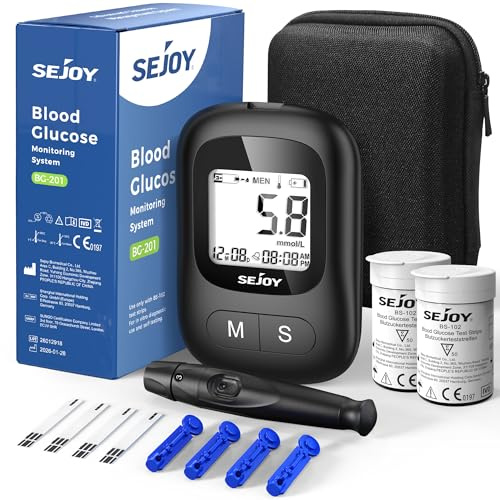 Sejoy Blood Sugar Monitor –Auto Power-On Glucose Monitor | 100 Test Strips & 100 Lancets, No coding,Portable Diabetes Testing Kit for Home and Travel