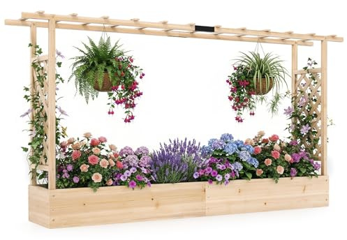 COSTWAY Garden Planter with Trellis, Hanging Roof and Drainage Holes, Weather-Resistant Wooden Raised Bed for Vine Climbing Plants, Outdoor Trough Container Grow Box Flower Pot (Natural, 220x35x114cm)