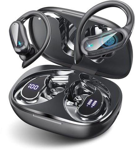 TRAUSI Wireless Earbuds Bluetooth Headphones, Bluetooth 5.3 Stereo Over Ear Buds,Noise Cancelling Mic, IPX7 Waterproof Headset for Workout/Running,Ink black
