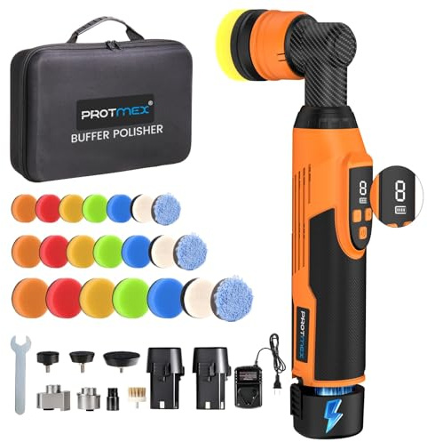 Protmex Mini Poliermaschine für Autodetailing, Rotations&Orbital Polieren | 1.2/1.6/2 Inch 8 Geschwindigkeiten 2500-6000RPM Rotations&Orbital Polieren 12V 2.0Ah Batterie Auto Polier