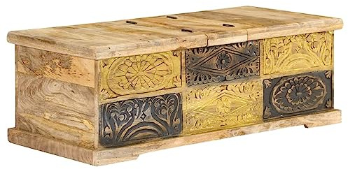 mzdioop Coffee Table Solid Wood Mango 100 x 50 x 35 cm with Storage Space and 2 Folding Doors, Living Room Table Side Table with Carvings, Robust Wood Design for Sofa, Lounge, Office and Living Room