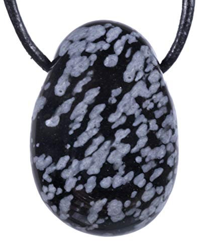 Lebensquelle Plus Tropfen Anhänger mit Baumwollband + Edelsteinkarte | Set-Angebot Echter Edelsteinanhänger | Gebohrter Trommelstein Tropfenanhänger (Schneeflocken-Obsidian)