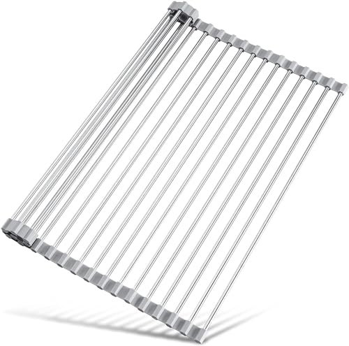 Tomorotec Roll Up Dish Drying Rack, Over The Sink Dish Drying Rack, 45 x 30 cm Portable Stainless Steel Rolling Rack Multipurpose Kitchen Drainer Caddy Organizer Storage Space Saver Shelf Holder, Gray