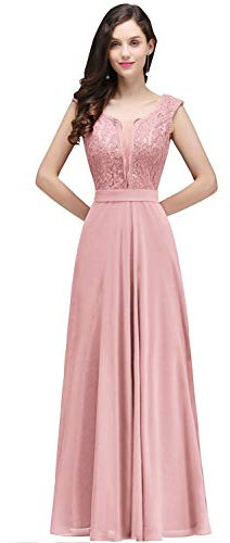 Misshow Robe pour Mariage Invitée Femme Temoin Elégante Longue Maxi en Mousseline avec Dentelle Grande Taille Rose 46