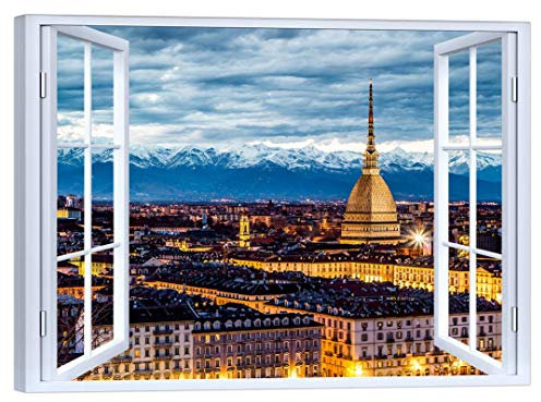 LuxHomeDecor Quadro Finestra su Torino 100x75 CM Stampa su Tela con Telaio in Legno Arredamento Arte Arredo Moderna