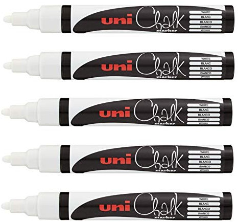 Uni-Ball – Uni Mitsubishi Pencil – Rotuladores de tiza Chalk Marker PWE-5M – Multiuso – Resistente a la lluvia – Ideal cristal espejo pizarra – Punta cónica media – Lote de 5 – Blanco