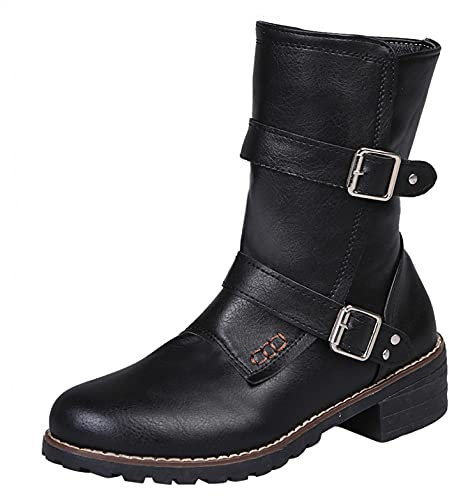 Stivali da Donna in Pelle Casual Scarpa Fibbia Cinturino Punta Tonda Tacco Basso Caviglia da Cowboy (37,Nero)