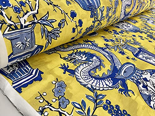 Tissu imprimé dragon chinois bleu - Motif asiatique en porcelaine - 140 cm de large - Moutarde et bleu (vendu au mètre)