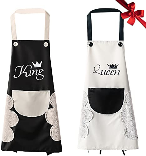 2 Stück Schürze, Paar Schürze King und Queen Wasserdicht Schürzen Kochschürze Männer Damen, Schwarz Cremeweiß Schürze mit Taschen Schürze für Geschenk Hause Backen Weihnachten Geburtstag Valentinstag