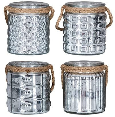 levandeo 4er Set Windlicht H10cm Glas Silber Teelichthalter Tischdeko Kerzen Deko Retro Kerzenhalter Flachs
