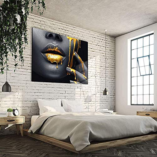 Bilder Wohnzimmer Deko Wandbilder,Schwarz Gold Frauen Lippen Leinwand bilder,Sexy Lippen Leinwand Gemälde Drucke,Modern schlafzimmer bilder Poster,Kein Rahmen