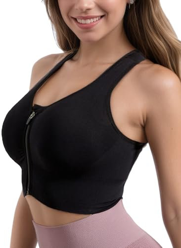 URPLITY Women Zip Front High Impact Sports Bras Yoga Bra Running Tank Top Racerback with Removable Pads for Workout Fitness Black