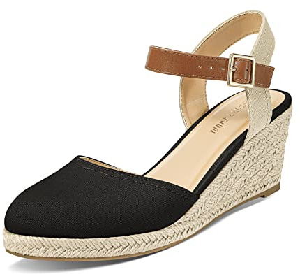 PIZZ ANNU Womens Wedge Sandals Canvas Ladies Espadrilles Summer Elegant Buckle Mid Heel Platform Closed Toe Shoes Black Size 6.5