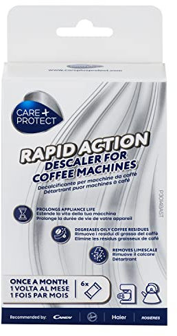 CARE + PROTECT 3 in 1 Decalcificante per Macchine da Caffè e Bollitori, Anticalcare, Universale, Rimuove Calcare e Residui di Caffè e tè, 6 Bustine per 6 Mesi di Fornitura