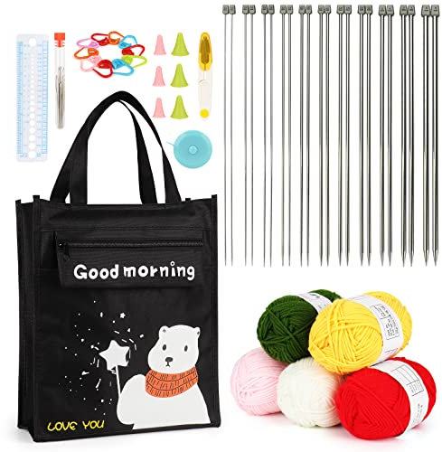 Aeelike 56 Stück Metall Stricknadeln Set mit Strickgarn, 25cm Länge Edelstahl Einspitzige Stricknadel Set mit Strickzubehör, Niedlicher Bär Tasche, 2-8,0mm Knitting Needles Stricken für Anfänger Set
