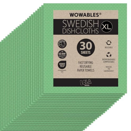 LOLA Wowables XL Swedish Dishcloths, 30 Reusable Eco Cleaning Cloths, 11 x 10, Ultra Absorbent Cellulose Sponge Towel, Compostable, Made in Germany