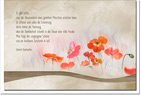 metALUm Einzigartige XXLTrauerkarte Format A4 mit Spruch von Dietrich Bonhoeffer Mohnblumen mit Echtholz-Verzierung