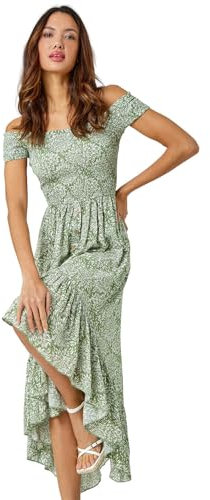 Roman Originals Bardot Dress for Women UK Ladies Shirred Chest Off Shoulder Cold Shoulder Maxi Midi Summer Beach Holiday Sleeveless Garden Cocktail Party Elasticated - Mint & White - Size 18